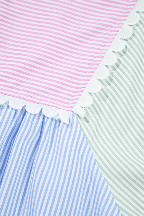 Multicolour Striped Patchwork Ric Rac Puff Sleeve Collared Mini Dress